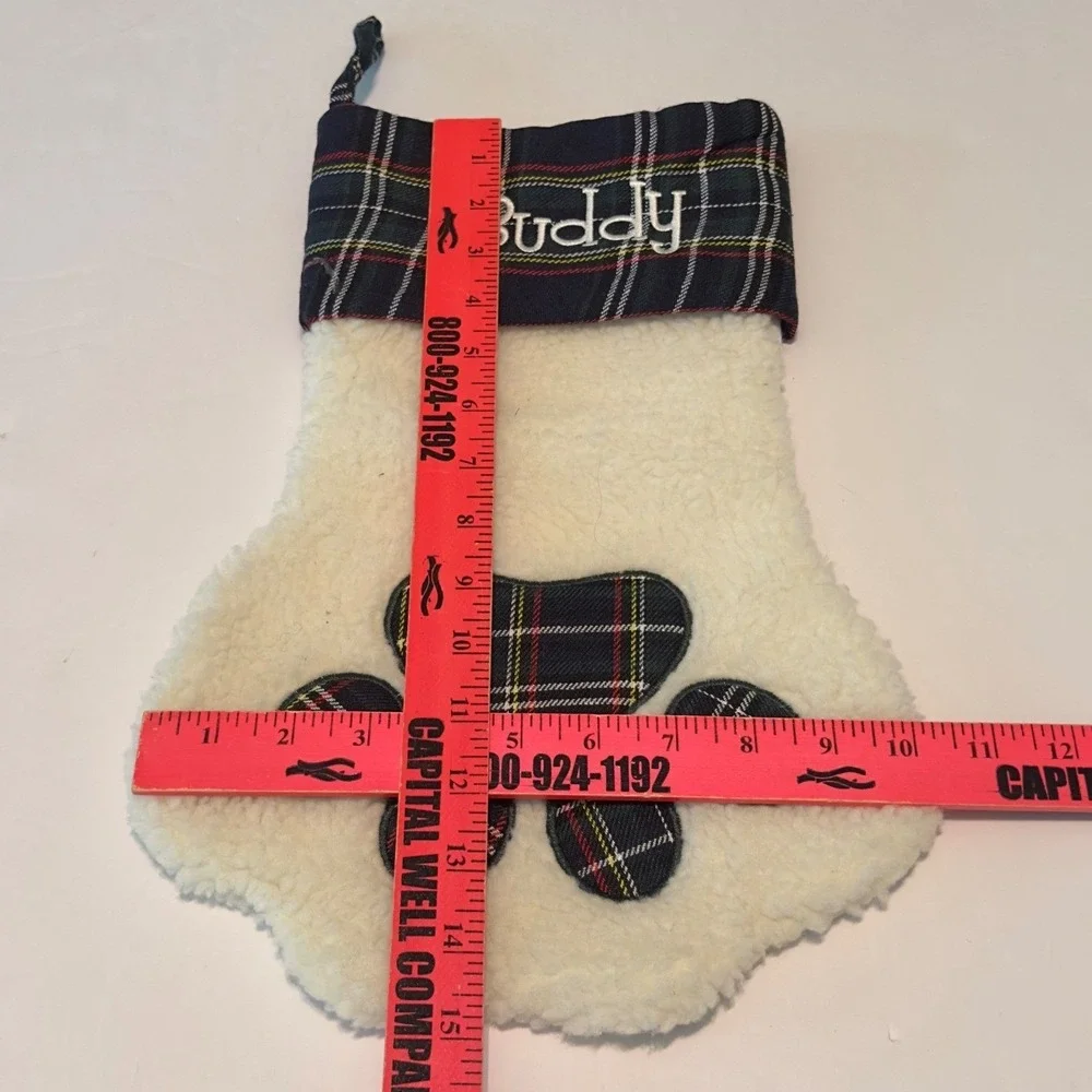 Buddy Personalized Dog Paw Christmas Stocking Sherpa‎ Plaid Navy Ivory 15in